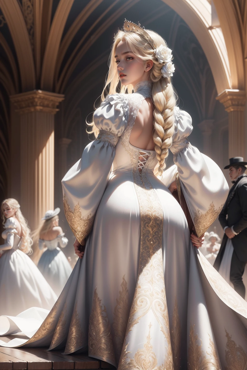 (Masterpiece - Ultra-detailed, very high resolution) Prepare to be enchanted by a true masterpiece that combines ultra-detailed art with high-resolution rendering. This work depicts a mesmerizing woman with very long blond hair (1.3) and captivating gray eyes (1.2), emanating an aura of elegance and mystery in Victorian settings. The intricate details and realistic textures invite you to explore every aspect of this enchanting composition. Woman wearing beautiful classic Victorian costume from the year 1878. Red lips. Happy face. Smiling. white (white) dress. Walking, backwads, looking back, upper body, dynamic poses. Get ready to dive into a world where beauty and craftsmanship merge perfectly.