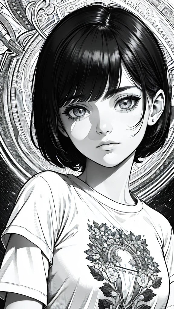 (hyperrealistic), (8K), (extremely detailed), (best illustration), (beautiful detailed eyes), (best quality), (ultra-detailed), (masterpiece), (wallpaper), (detailed face), solo, (t-shirt:1.1), looking at the audience, exquisite details, short hair, black hair, closed mouth, bangs, monochrome, greyscale