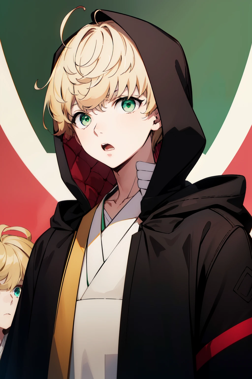 (best quality:1.1), (masterpiece:1.4), 1boy, solo, male focus,blonde hair,short hair, green eyes, Monk uniform, black robe, black hood, shocked expression,half body photo