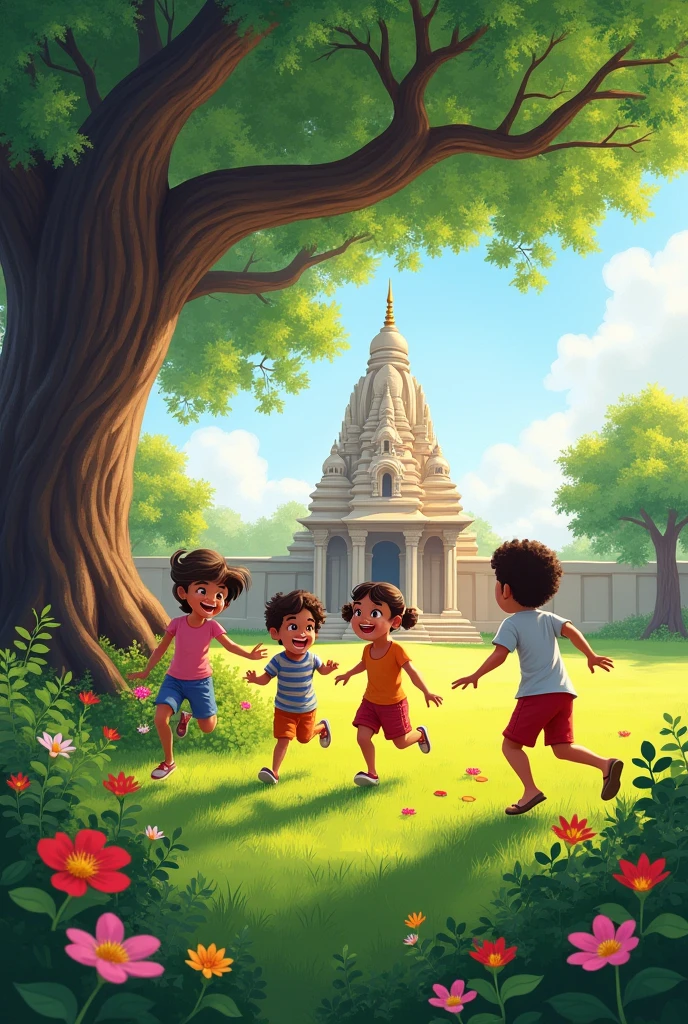 एक मंदिर जिसके सामने चार बच्चे खेल रहे हो और उसे मंदिर के
 सामने एक बार पेड़ हो
