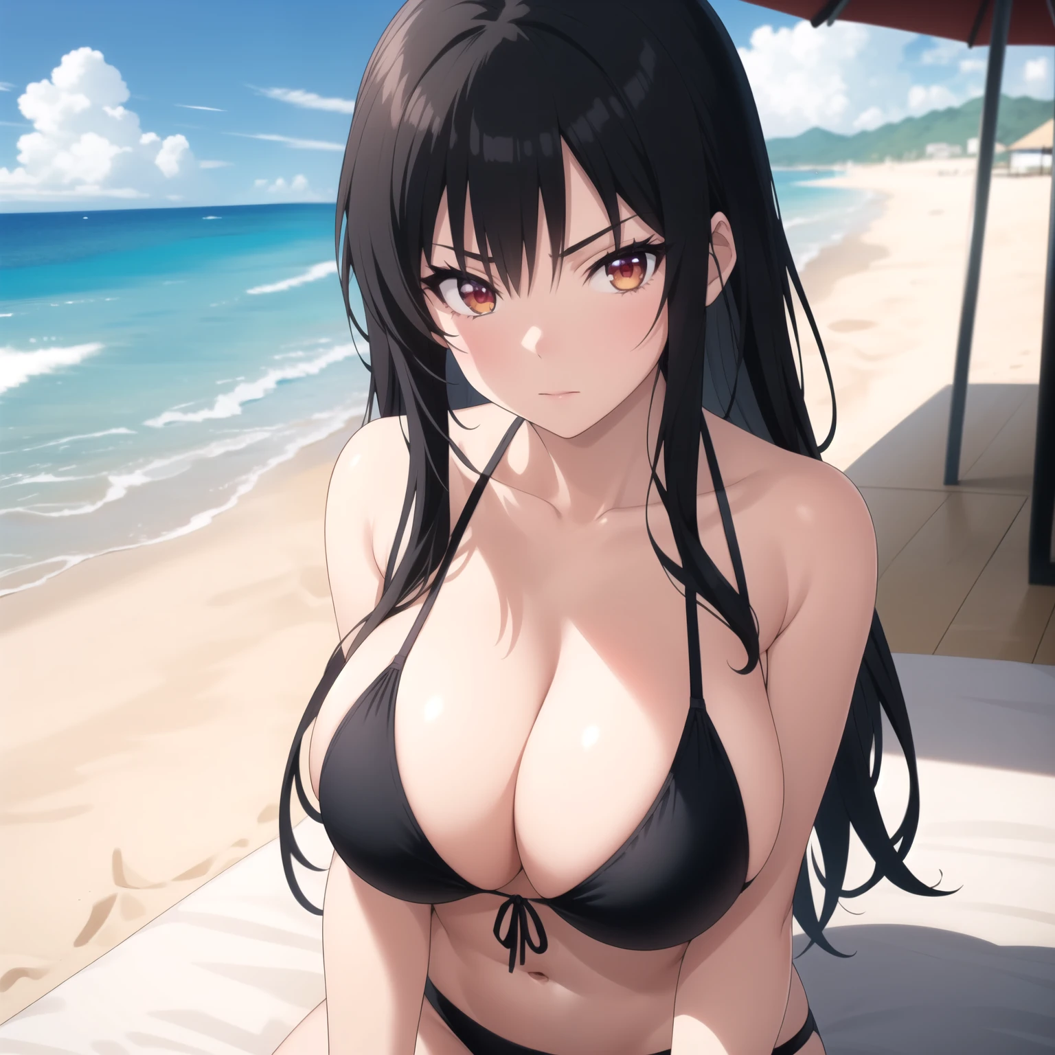 Suzune Horikita, Woman 25 years old, straight black hair , Red eyes, Pale skin, big breasts, bikini, background a beach.