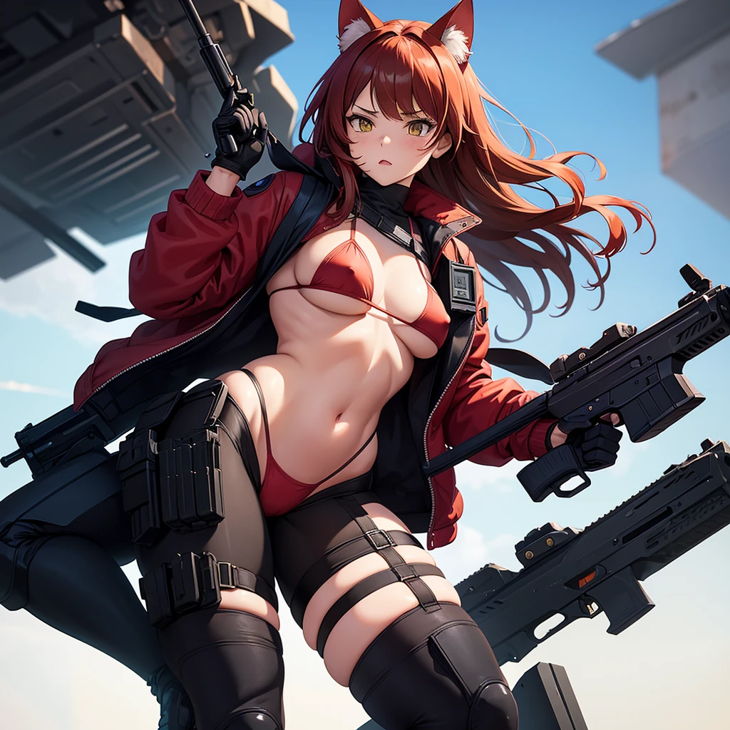 A cat girl work as Special operator wearing a red tiny open jacket revealing large breasts underneath the bikini tops showing her nipples through it. and wearing tactical panties and tactical armour and gun holster on her legs. She has a very sexy body