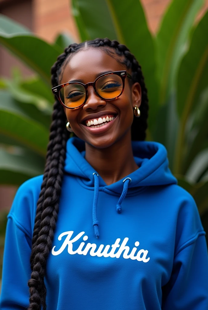 (photorealism:1.2), beautiful black African woman,22 years,cute little nose,sharp boobs, smiling wearing a fitting blue hoodie written "Kinuthia",long braids, black oversized photo chromatic glasses, standing , plants in background cardi B inspiration