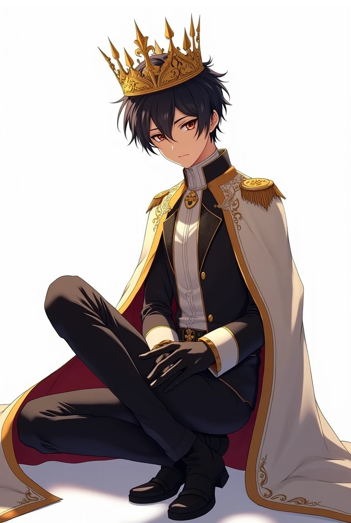 King Anime adult Boy serious sitting with a crown and white background Without the throne And the WHOLE body appears Up to the feet From the front