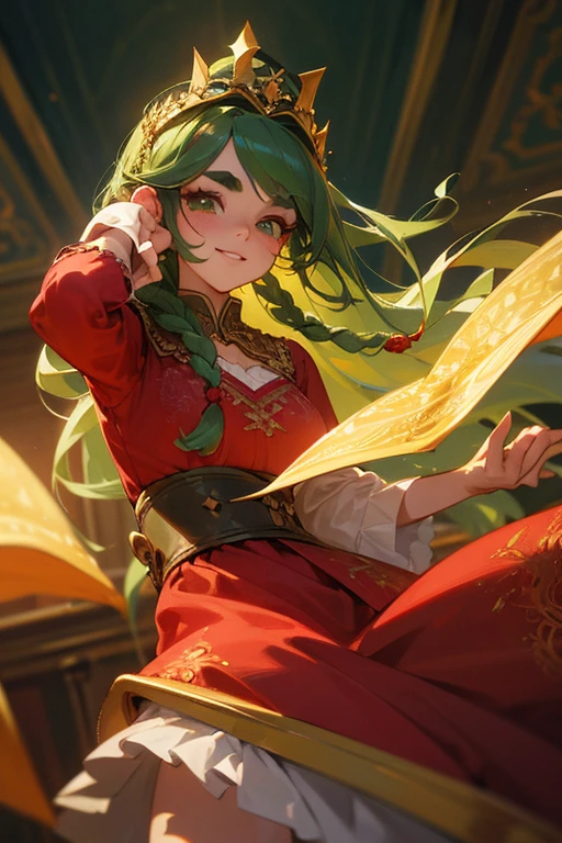 (Highest quality, masterpiece:1.2), High resolution, Very detailed, Realistic:1.37, Fantasy, An illustration, Green Eyes、Queen, Red lace dress.Platinum decoration、beautifully、Eyeshadow Red、Thick eyebrows、Long eyelashes、pupils are black、Her hair is dark green、Gold crown、Kissing Face、Embarrassing、Beloved by the crowd、Hair is green、Braiding、hair ornaments、((dance)).(Smile)、