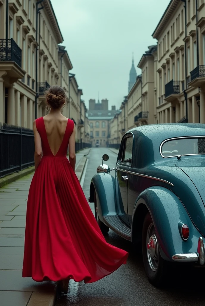 Cool toned photo of a vintage car on the streets of London with a cloudy sky about to rain, the street almost empty and a woman in an elegant red dress with dropped shoulders and back covered with the knee-length dress passing by her side in the opposite direction With a perspective removed from the entire photo from above