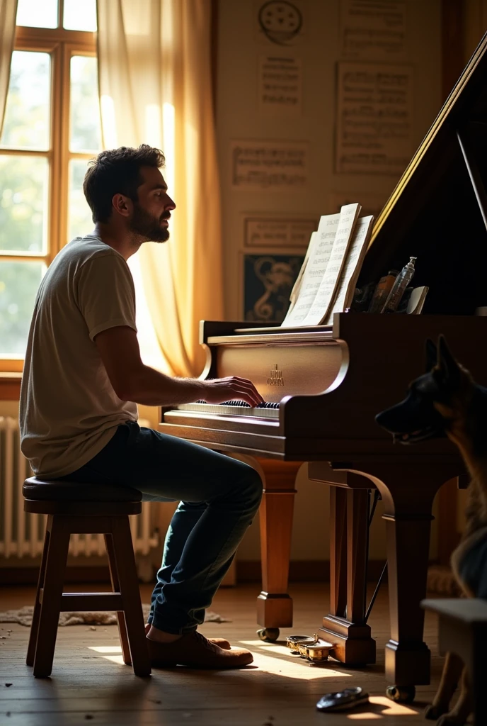 Man sitting next to piano and singing, next to german shepherd