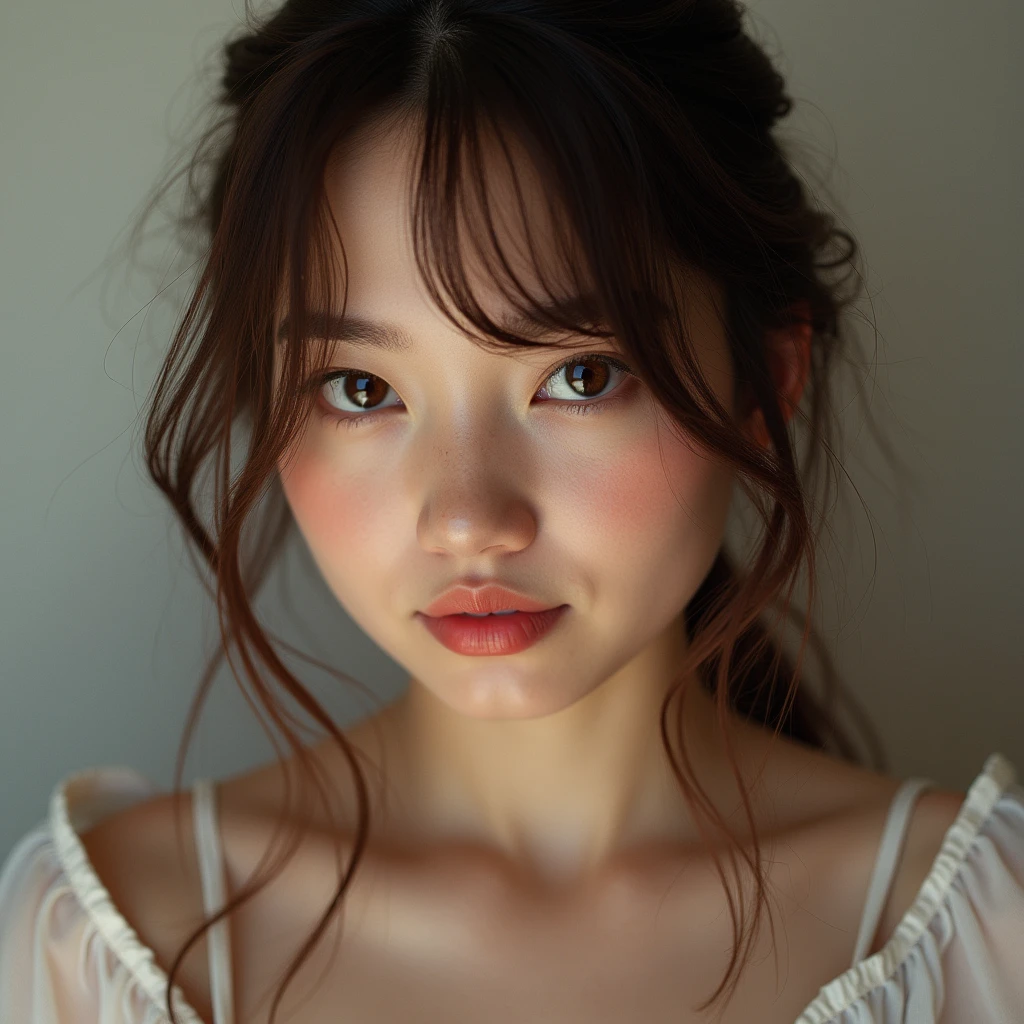 one person's, (beautiful girl, Delicate:1.3), (26 years old:1.3), break, (blouse:1.3), break, Extremely detailed clarity, (Symmetrical eyes:1.3), break, (Street Snap:1.3), perfectly trimmed fingers, break, Small breasts, Brown eyes, Parted bangs, Brown Hair, break, (Eye and facial details:1.0), break, (masterpiece, Highest quality, Very detailed, Detailed face, 8k),smile