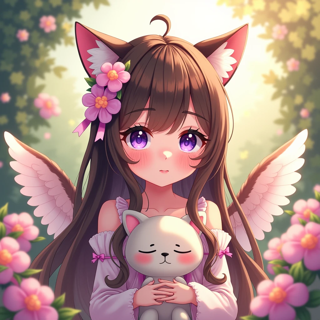1girl, naked, animal ears, purple eyes, brown hair, wings, solo, long hair, blush, cat ears, flowers, looking at viewer, braids, bows, dresses, pink flowers, bows, hair accessories, bangs, cats, hair flower, animal ear hair, holding, virtual youtuber, blue bow, holding animal, catwoman, stuffed toy
