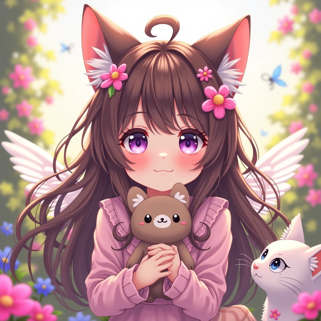 1girl, naked, animal ears, purple eyes, brown hair, wings, solo, long hair, blush, cat ears, flowers, looking at viewer, braids, bows, dresses, pink flowers, bows, hair accessories, bangs, cats, hair flower, animal ear hair, holding, virtual youtuber, blue bow, holding animal, catwoman, stuffed toy