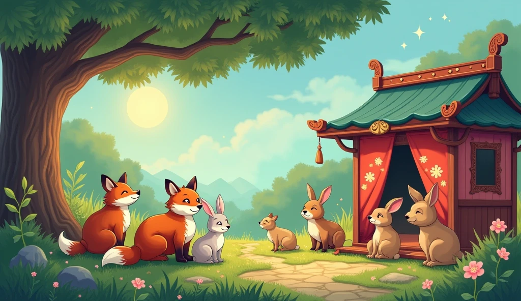 Anime Manga Illustration Style, In the foreground、Fox、rabbit、Various animals such as deer、They are gathered around a beautifully decorated antique Kamishibai stage.。The animals have a soft and friendly look.、Listening intently to the story。In the background、A tall tree with gentle sunlight filtering through its leaves々and、The painting depicts a small stream quietly flowing nearby.。上空には薄明かりから夜明けへand移り変わる穏やかな空が広がり、The first stars are beginning to twinkle。, A simple and cute picture book-like effect with gentle colors
