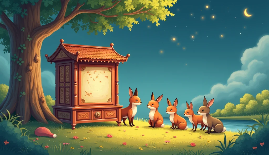 Anime Manga Illustration Style, In the foreground、Fox、rabbit、Various animals such as deer、They are gathered around a beautifully decorated antique Kamishibai stage.。The animals have a soft and friendly look.、Listening intently to the story。In the background、A tall tree with gentle sunlight filtering through its leaves々and、The painting depicts a small stream quietly flowing nearby.。上空には薄明かりから夜明けへand移り変わる穏やかな空が広がり、The first stars are beginning to twinkle。, A simple and cute picture book-like effect with gentle colors