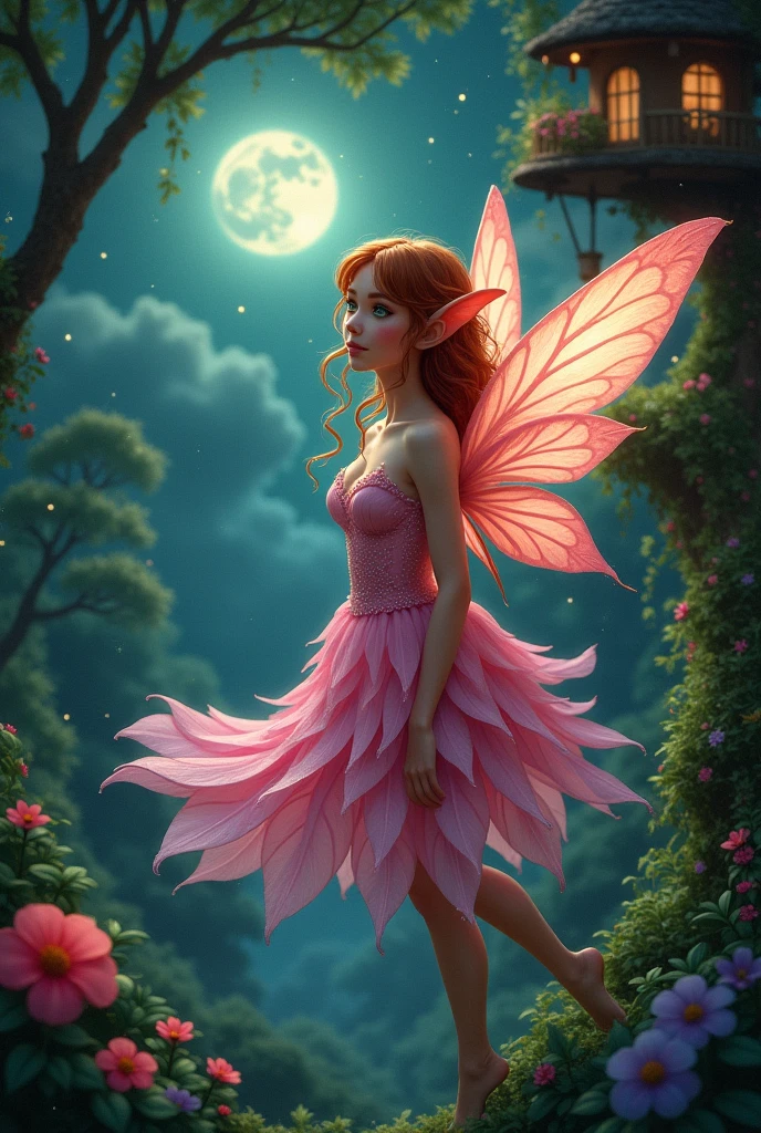 Realistic female, hair curled at the ends, extra long fairy wings, long wings, pink clothes, clothes made from petals, Auburn Hair, pointy ears, green eyes, emerald eyes, shrunken, blush, jungle, flowers, treehouse, night