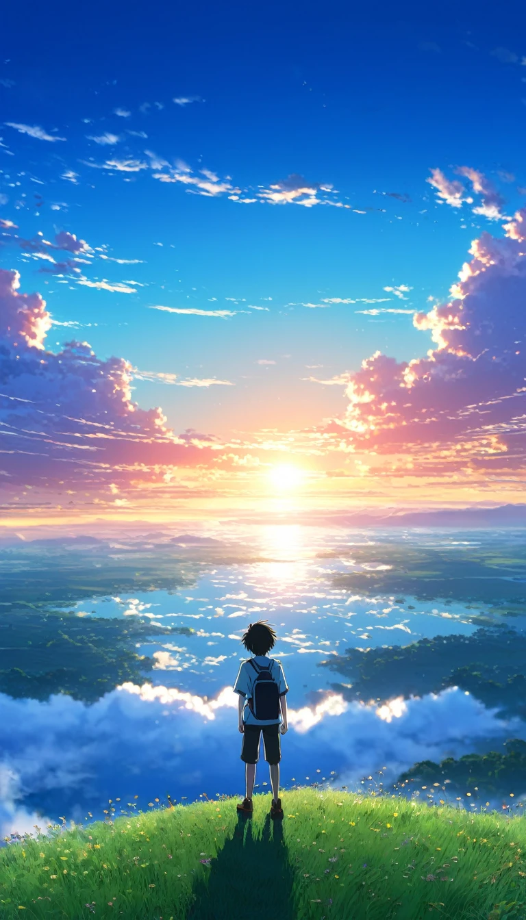 Obra maestra!!!!! , 8khdr Beautiful and serene anime landscape, ((with clean sky bintage effect)), sunset ((without clouds)), dreamy, incredible. A boy looking towards the empty horizon, an incredible clear sky, fascinating, dreamy, surreal, well detailed, photoshop, anime-realistic, anime landscape wallpaper, landscape anime, anime landscape wallpapers, anime beautiful scene peace, beautiful anime landscape, anime sky anime. by makoto shinkai, Rhads and Lois Van Baarle, makoto shinkai cyril rolando, anime background art, 4k anime art wallpaper, clear sky