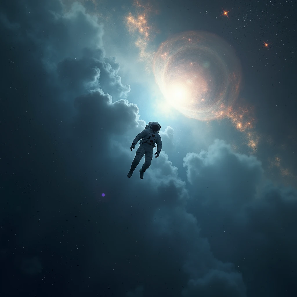 Tiny, lonely, spacesuited astronaut floating in a vast starry sky, dramatic scale contrast, astronaut centered in the frame, highly detailed, cinematic lighting, volumetric lighting, photorealistic, 8k, award winning, concept art, dramatic composition, moody atmosphere, deep space, shining stars, nebula, depth of field, volumetric fog, god rays, realistic textures, intricate detail, hyperrealistic, dramatic shadows, cinematic color palette, beautiful lighting, masterpiece