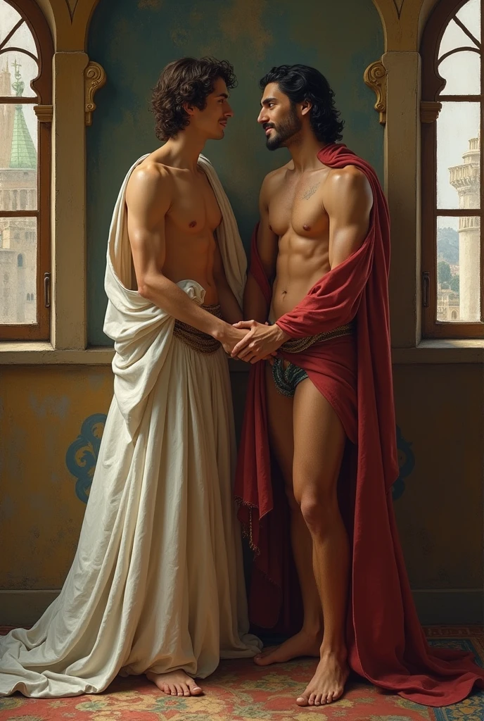 ((oil painting)) baroque painting+muslim_art fullbody portrait, an arabian prince, cinnamon skin green eyes, wavy black hair, thin face, perfect detailedd feet, slender toned body, body hair, beautiful face, penetrading from behind a young viking, blond, blue eyes, muscular beautiful face, strong, masculine perfect proportions, white skin innocent look, shirtless, pantless, both men looking each other smiling penetrading wearing shorts in a medieval arab deco room large windows to see the La Giralda in Sevilla model 5 0 0 px, Nikon d 8 5 0 camera, fullcolor, sticker of a full body picture of a beautyfull young man, highly detailed beautyfull face, freedom, soul, digital illustration, approaching perfection, dynamic, highly detailed, watercolor painting, artstation, concept art, smooth, sharp focus, illustration in the style of artists like Russ Mills, Sakimichan, Wlop, Loish, Artgerm, Darek Zabrocki, and Jean-Baptiste Monge (homoerotism_fullbody_nsfw) Body Position
