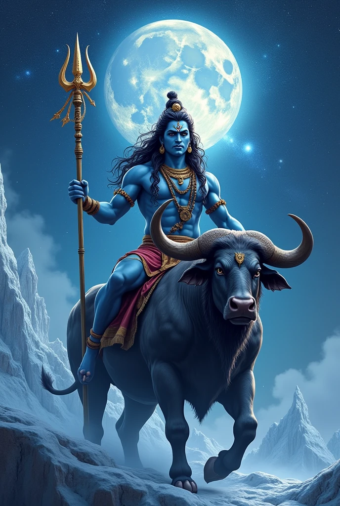 God Shiva with his weapon sitting on huge bull background with ice hills and angry face . Moon oh his head and universe in sky all stars