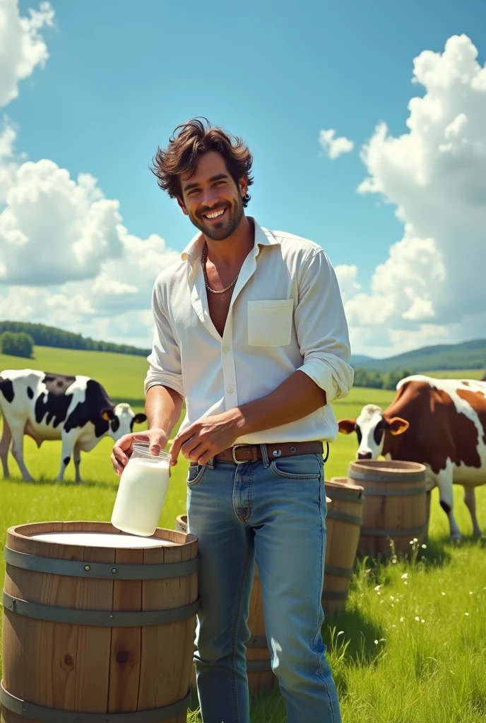 A handsome man collecting milk in the field