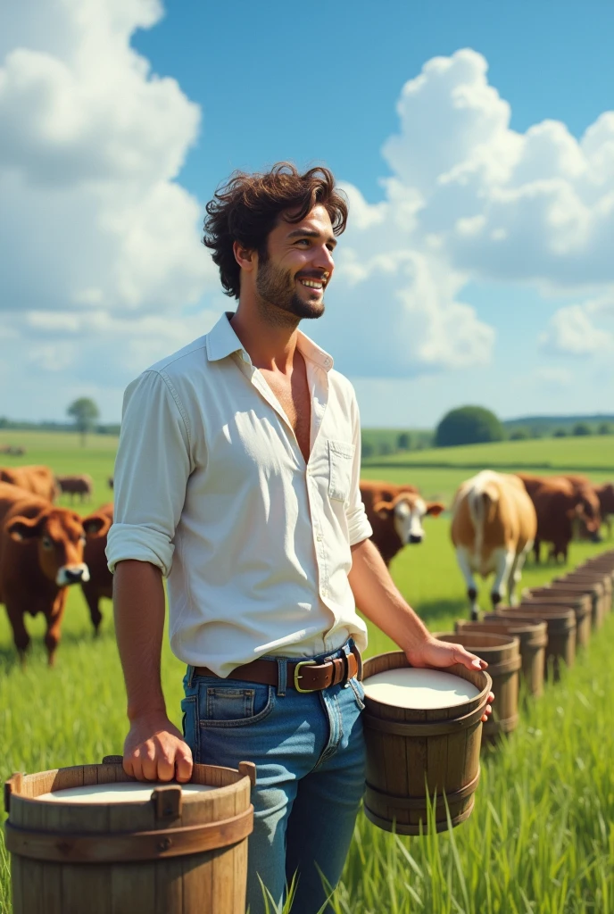 A handsome man collecting milk in the field 