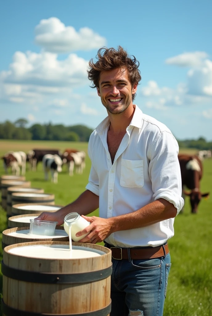 A handsome man collecting milk in the field 