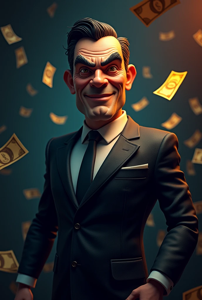 Create a 3D election flyer featuring a fictional, gangster-like animated character representing a corrupt politician. The character should be a stylized, non-realistic figure dressed in a dark suit and with a slightly disheveled appearance, conveying a mischievous and cunning expression, similar to that of a con artist. The character's face should have striking features, with a wry smile enhancing the appearance of a schemer or con artist. The background should be dark and shadowy, with hints of money symbols subtly embedded in the design, suggesting secrecy and corruption. The overall style should be modern, colorful and visually engaging.

Size: 1024x1792 (vertical format)