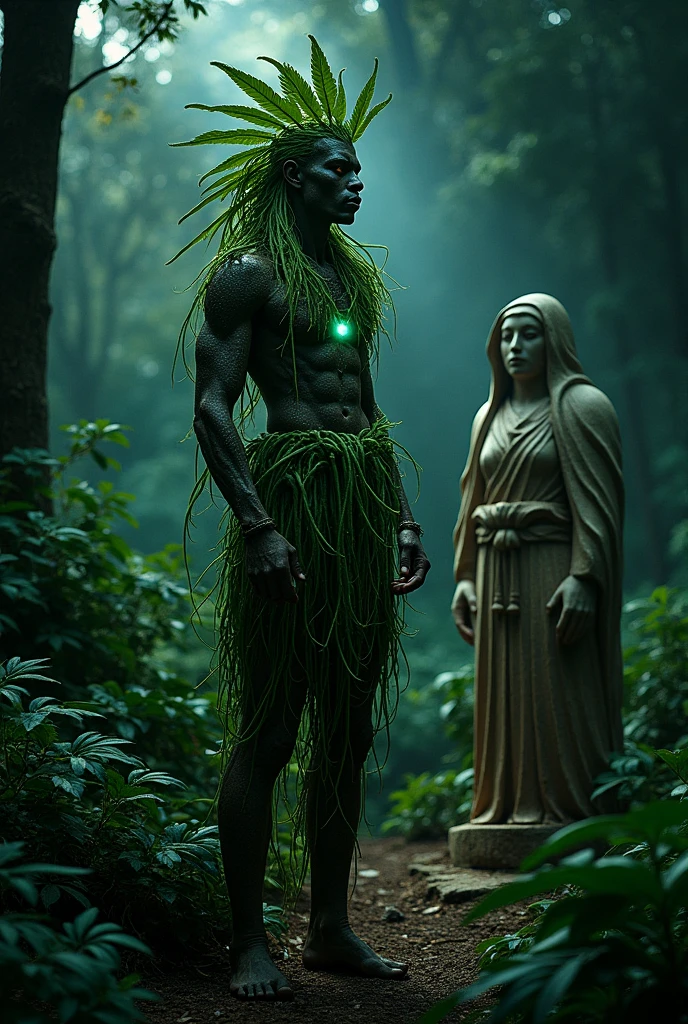 aztec warrior, humanoid plant, ethereal, glowing eyes, skin made of tree bark, hair made of vines, human-shaped plant, in a forest at night, clothes made of leaves, stone sculpture, marble
