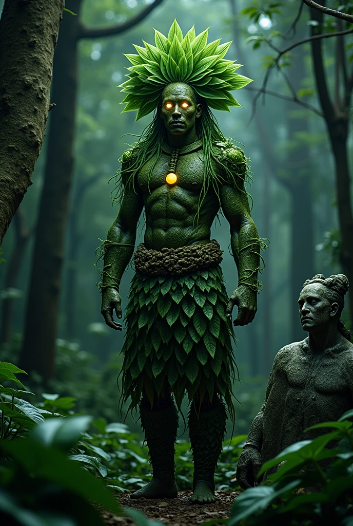 aztec warrior, humanoid plant, ethereal, glowing eyes, skin made of tree bark, hair made of vines, human-shaped plant, in a forest at night, clothes made of leaves, stone sculpture, marble