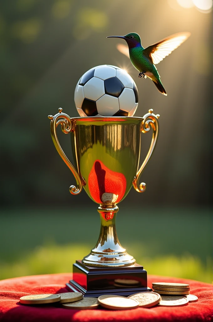 A champion&#39;s trophy,a green hummingbird in the center of the cup,  a soccer ball on the cup and medals on the floor 