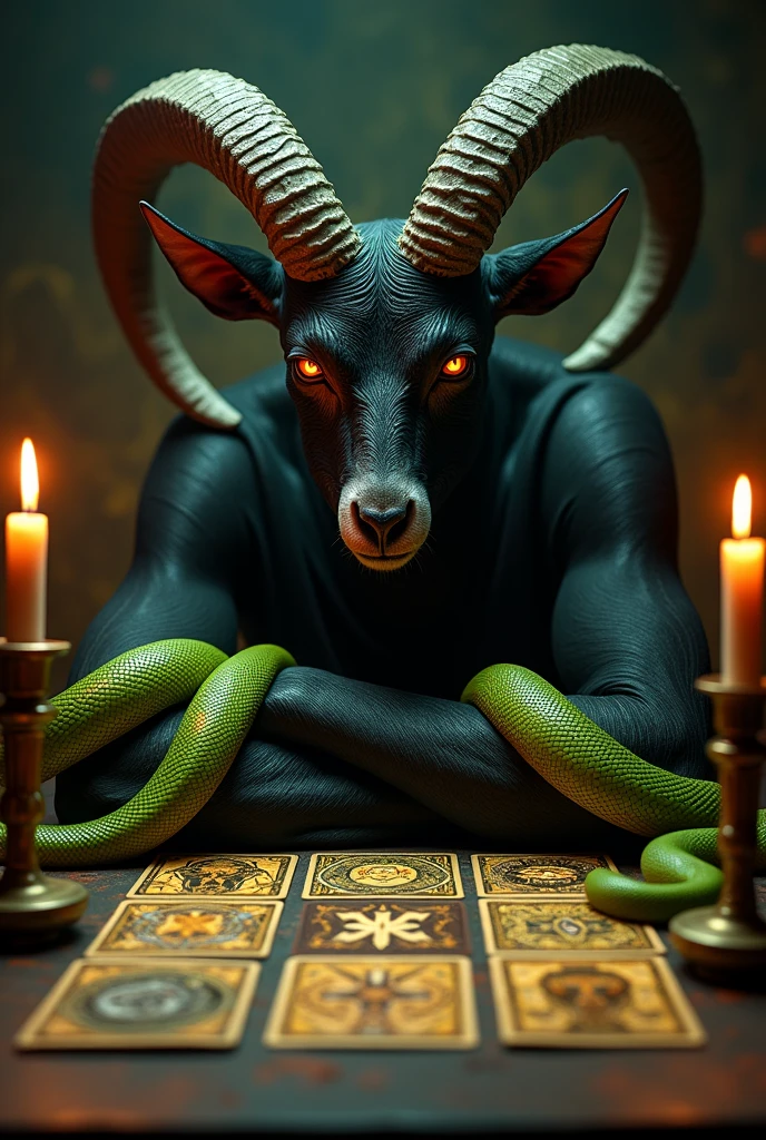 Goat Devil , tarot, smoking, Golden, candlelight! Silver! Card tarot! (Voodoo) Firme eyes! 8k, realist,  3 snakes green!