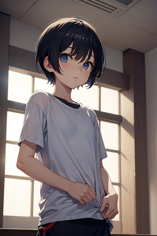 A young one、Thin、Tomboy girl with short hair, Eye of the Deep, (Very short men&#39;s hairstyle:1.4), Pink Cheeks, (Small chest), (Shirt open:1.1), beautiful lipstick, Glowing eyes, Handsome, Brighten your skin, (Delicate eyes), (best quality,high resolution,masterpiece:1.2),Extremely detailed,The award-winning,high resolution,1 girl, Bedroom Background, (((Smiley Face))), flirtatious glances, Moderate, (White collar shirt), black, sports watch, (Unilateral earrings), Throw, The beautiful sunshine of the widow.