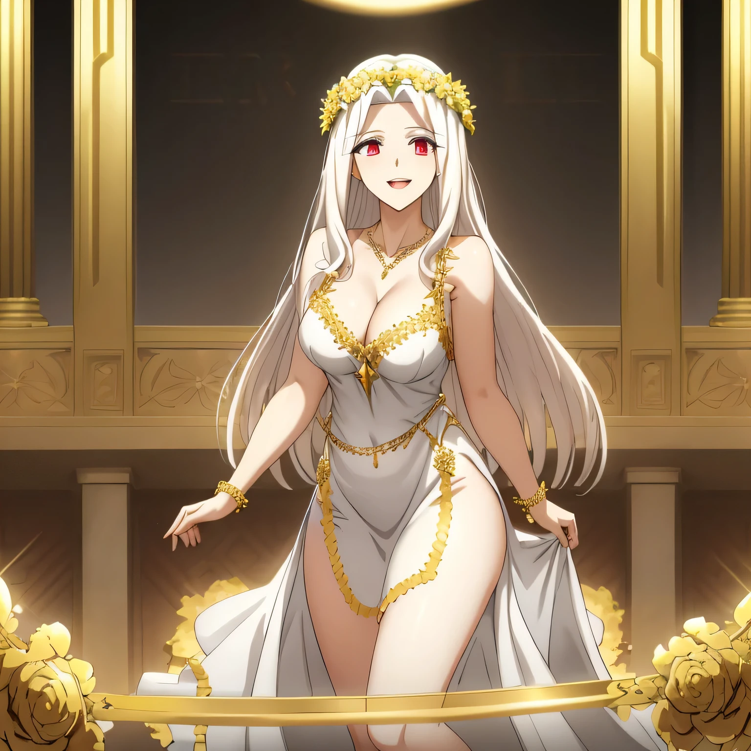 Irisviel,black with gold dress sleeveless of wedding,solo,beautiful laughs,arm at side,middle size of breast,beautiful necklace,matching remix,revealing dress,in beautiful garden,happy smile, Irisviel carrying flowers on her hand,,golden wreath,Shining breasts,beautiful breasts,breasts outside dress