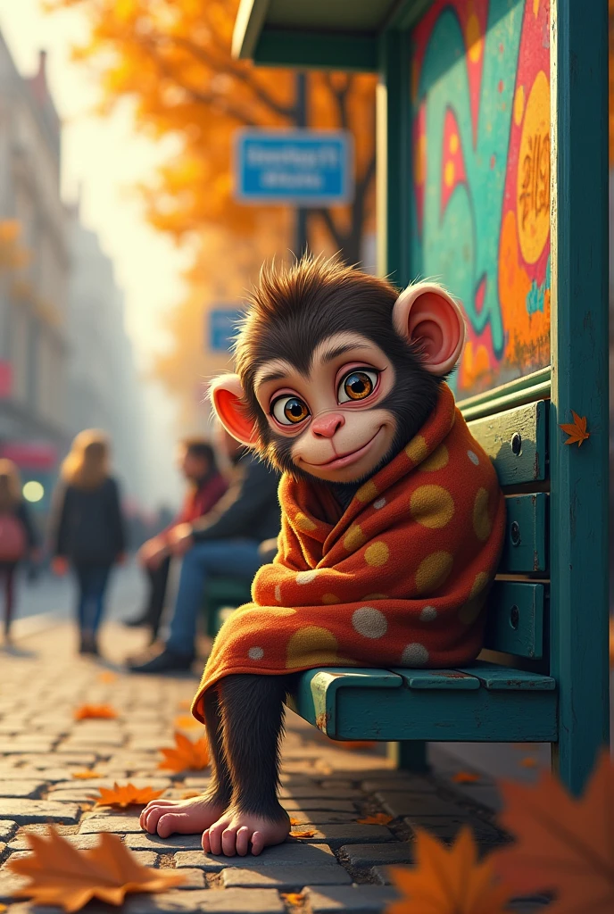 A little monkey despairs from the severity of the pain. He wakes up from sleep and goes to the bus, wearing a sleeping blanket. The full picture, precise details.