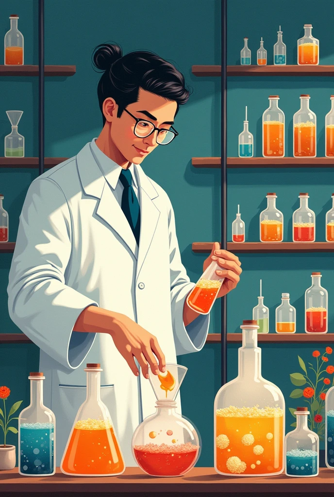Draw a Chinese poster of making soap in a laboratory,To be able to present the experimental process,Reduce the appearance of characters