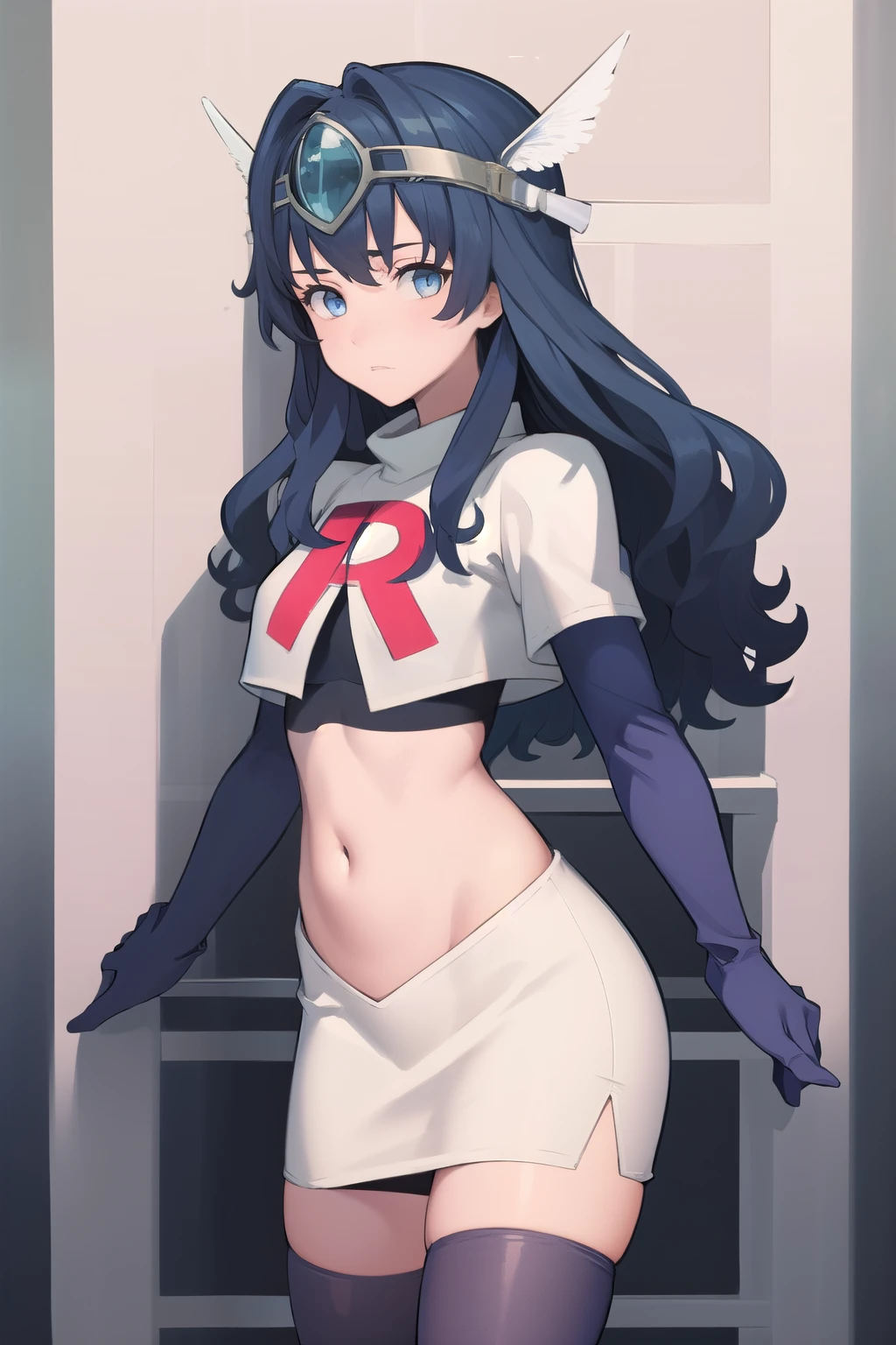 best quality, (masterpiece:1.2), illustration, absurdres,
(1girl, solo),  (beautiful detailed girl), 
blue hair, long hair, wavy hair, blue eyes, medium breasts,
winged visor, wing ornament, team rocket,team rocket uniform,white skirt,red letter R,crop top,black thigh-highs,black elbow gloves, looking at viewer,
magical forest,