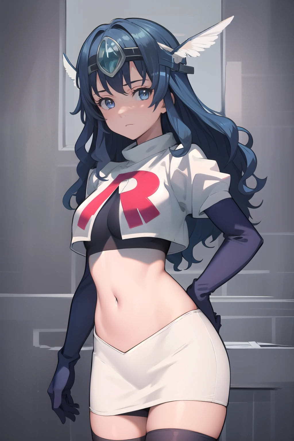 best quality, (masterpiece:1.2), illustration, absurdres,
(1girl, solo), (beautiful detailed girl),
blue hair, long hair, wavy hair, blue eyes, medium breasts,
winged visor, wing ornament, team rocket,team rocket uniform,white skirt,red letter R,crop top,black thigh-highs,black elbow gloves, looking at viewer,
magical forest,