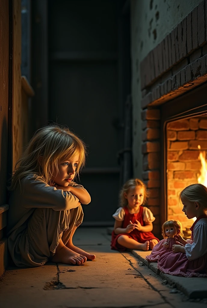 A of about , blonde and blue-eyed, abused and poorly cared for in a cold corner, while watching two little girlof the fireplace playing with dolls and well groomed. They are the characters from the book Les Misérables