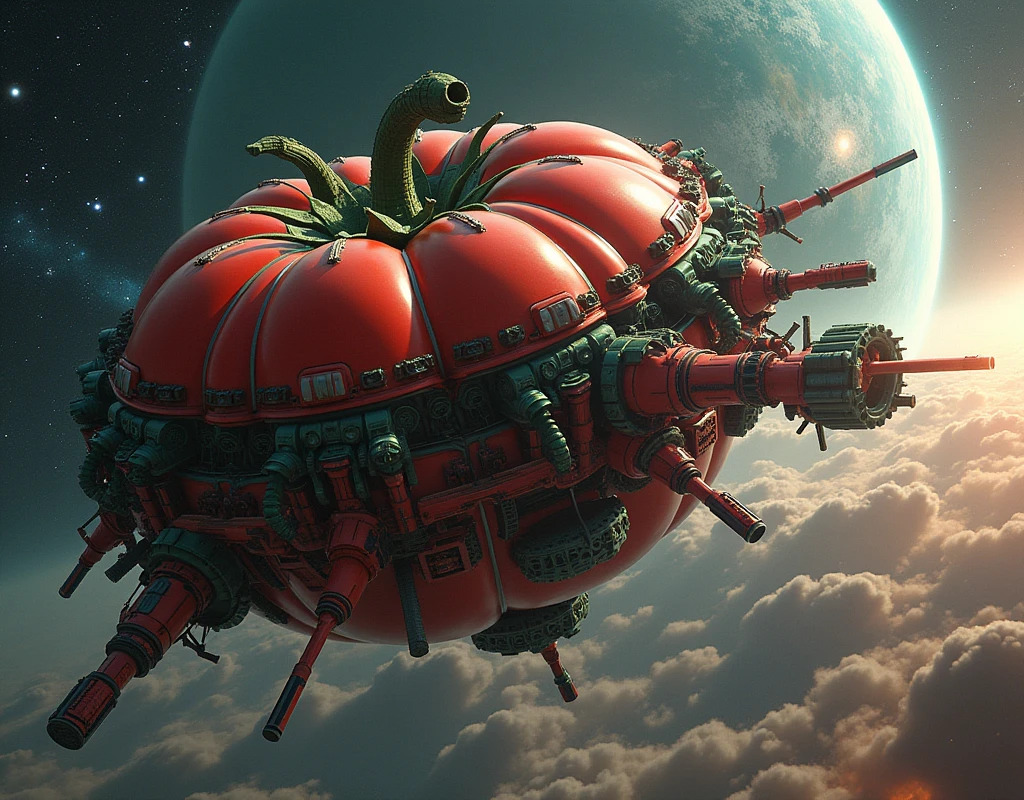 masterpiece, Highest quality, sf,((Sea of stars))、(A space fortress with a diameter of 2 kilometers、Tomato type)、Countless catapults、Countless guns、Red base, green mechanical parts、A distant nebula、Space Battle、