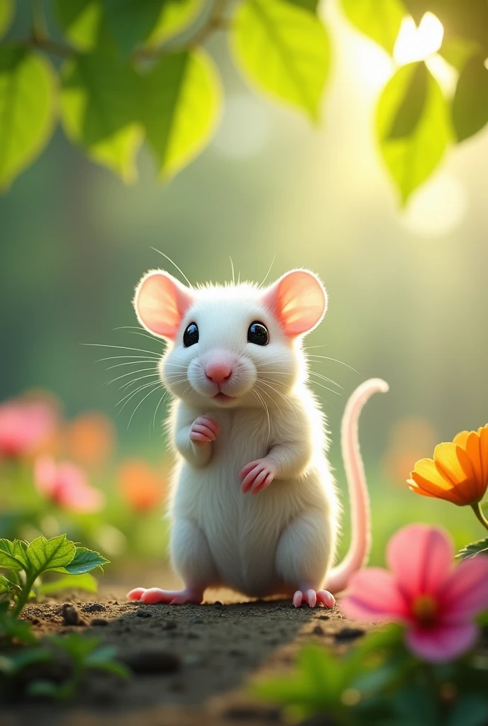 Little white mouse with hand on waist pose Standing in an environmental park 