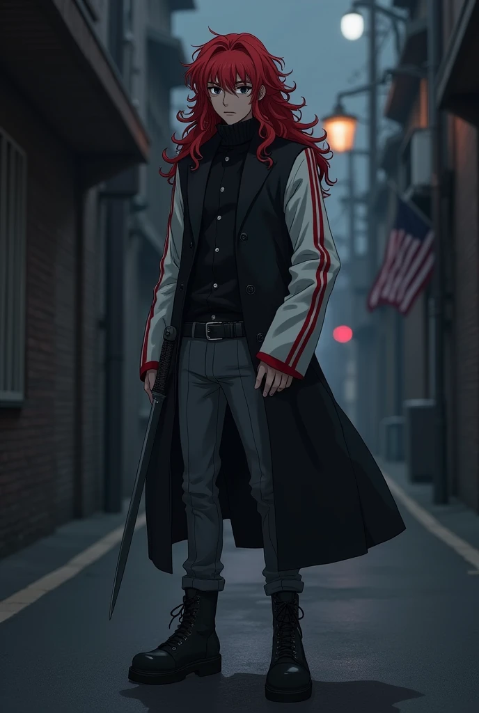 Create an anime illustration of an 18-year-old hitman with long, curly red hair and bangs between his eyes, tired look, skin fair, black eyes a closed black coat with a high collar and white sleeves with red stripes and gray pants and a blade hidden in his sleeve, black boots and gray gloves