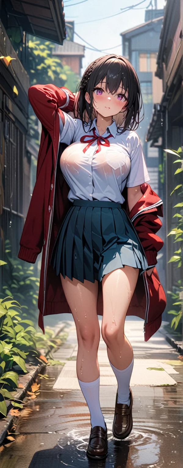15 years old, (beautiful girl: 1.3),1girl,masterpiece, Highest quality, Ultra-high resolution,rich contrast,super high quality,8k,Highly detailed CG unit wallpaper,texture,Incredibly absurd,Ultra-high resolution,RAW Photos,Depth of Field 1.2,overlooking,(magnificent panorama view:1.3),(High School Uniform&Pleated skirt:1.5),Black Hair,Crown braid,Ultra-detailed eyes,(sensuous),Glowing Skin,loafers,leaves dripping with rain,sunlight through trees,post-rain aroma,Her jacket is open and her breasts are exposed,blush,Sigh,look up,(((Wet))),((Large Breasts)),After the Rain,pencil drawing