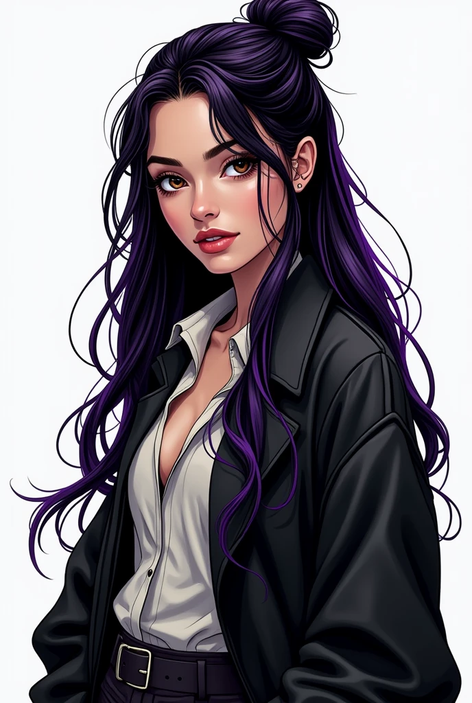 20 year old woman she has long and very dark hair, with a few purple lighting points. Eyes in a dark brown shade, she usually has a loose bun, wear clothes in neutral colors (usually makes a play with black and gray and white details, It has a kind of dark academia style, no back ground, marvel comic art style