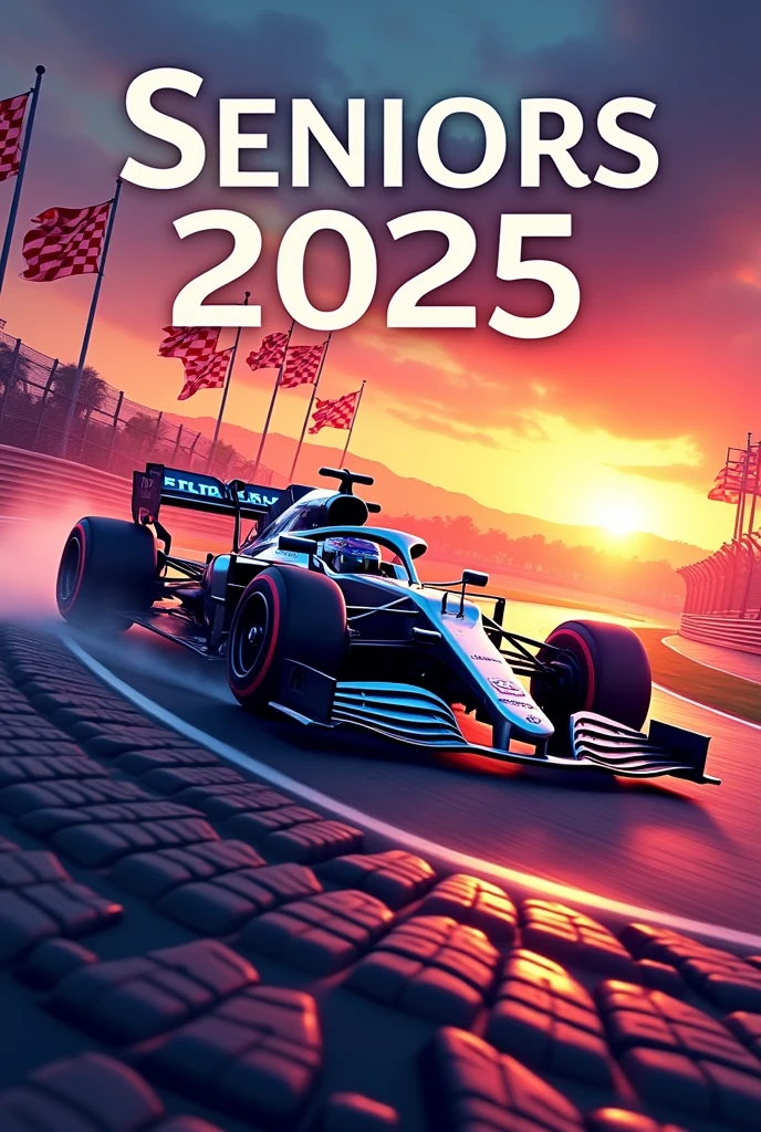 Create a cover page of a notebook that gets to the idea of Seniors 2025 that it’s about Formula 1