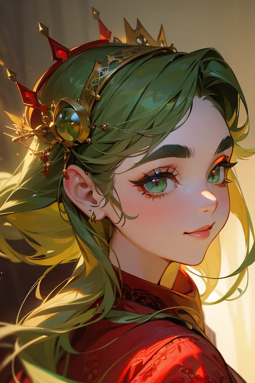 (Highest quality, masterpiece:1.2), High resolution, Very detailed, Realistic:1.37, Fantasy, An illustration, Green Eyes、Queen, Red lace dress.Platinum decoration、beautifully、Eyeshadow Red、Thick eyebrows、Long eyelashes、pupils are black、Her hair is dark green、Gold crown、Kissing Face、Embarrassing、Beloved by the crowd、Hair is green、Braiding、hair ornaments、((dance)).(Smile)、
