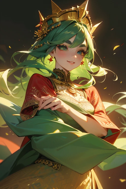 (Highest quality, masterpiece:1.2), High resolution, Very detailed, Realistic:1.37, Fantasy, An illustration, Green Eyes、Queen, Red lace dress.Platinum decoration、beautifully、Eyeshadow Red、Thick eyebrows、Long eyelashes、pupils are black、Her hair is dark green、Gold crown、Kissing Face、Embarrassing、Beloved by the crowd、Hair is green、Braiding、hair ornaments、((dance)).(Smile)、