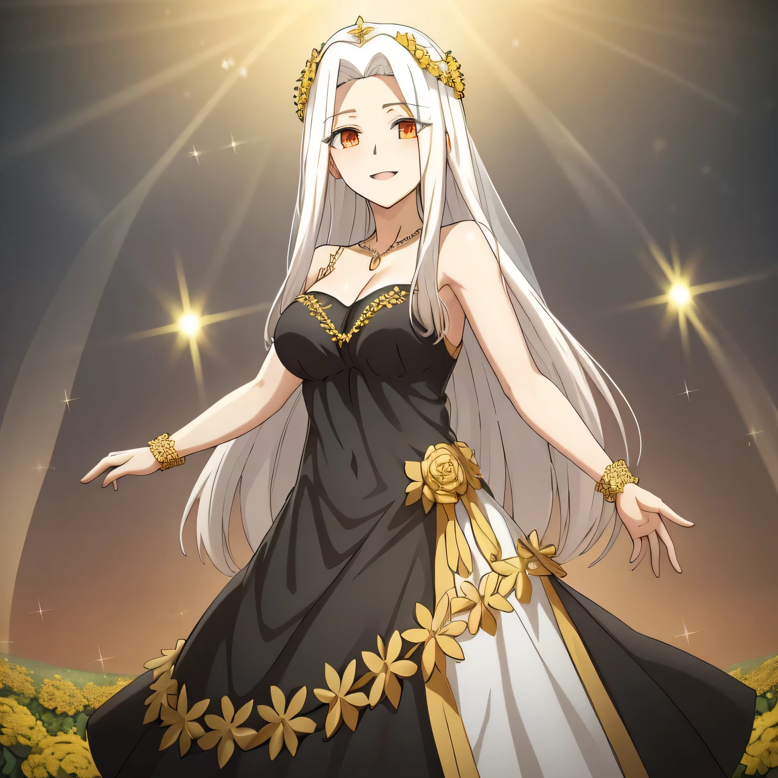 Irisviel,black with gold dress sleeveless of wedding,solo,beautiful laughs,arm at side,middle size of breast,beautiful necklace,matching remix,revealing dress,in beautiful garden,happy smile, Irisviel carrying flowers on her hand,,golden wreath,Shining breasts,beautiful breasts,breasts outside dress