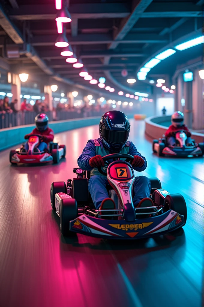Go karts on an indoor circuit
