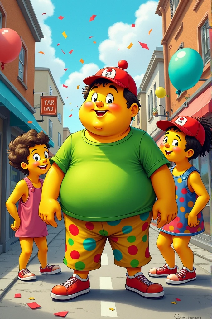 A drawing of 4 yellow people A fat man with short brown hair wearing a red cap,green shirt and jinxs pants