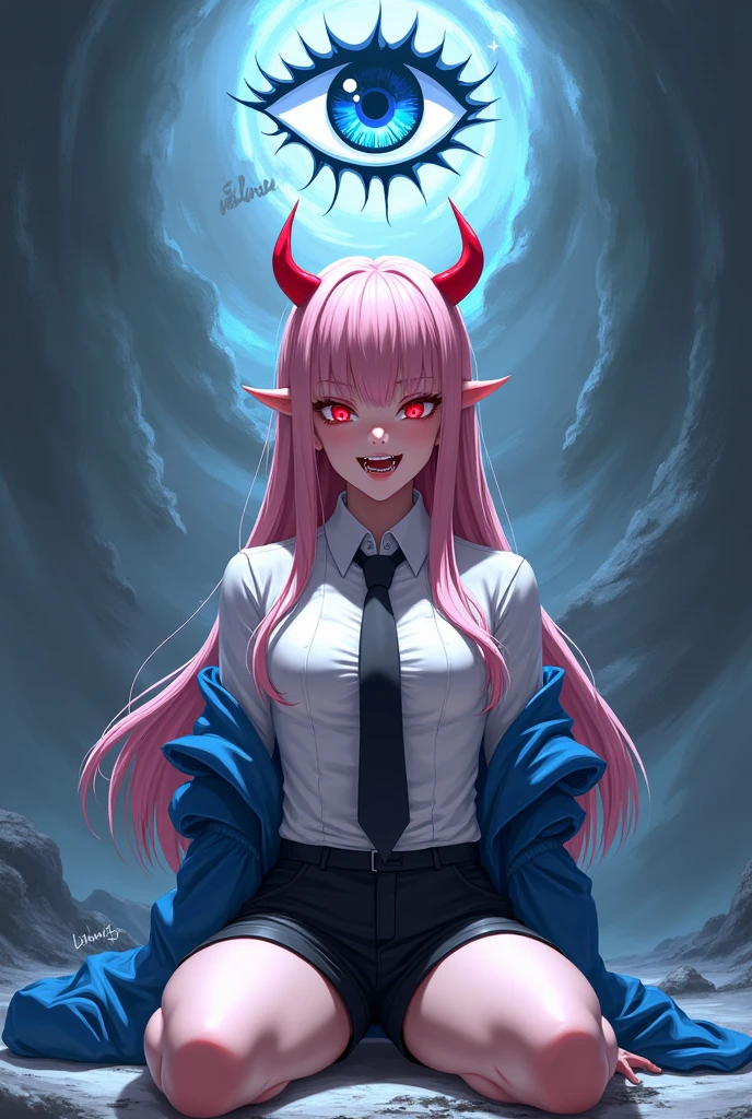 Digital illustration in a cinematic, stylized anime-inspired style featuring a highly detailed, anatomically correct female character with long, straight, light pink hair and red eyes. She has light skin and is depicted with red horns protruding from her head. The character is wearing a intricately designed white dress shirt, a black tie, and black shorts, with a blue jacket draped over her shoulders. The background is a swirling mix of prominent blue and gray tones, filled with detailed, swirling patterns and blue highlights that complement the character's intense appearance. Above the character, a stylized logo resembling an eye with text above it is placed in the upper central area. In the bottom left corner, the text 'Artvision1999' is written in a graffiti-like font. The character's expression is slightly aggressive, with her mouth open showing sharp teeth, with a focus on realistic facial anatomy. The overall composition is centered, with the character sitting on the ground, legs spread apart, with a dramatic lighting effect enhancing the cinematic atmosphere, rendered in high-resolution 4K