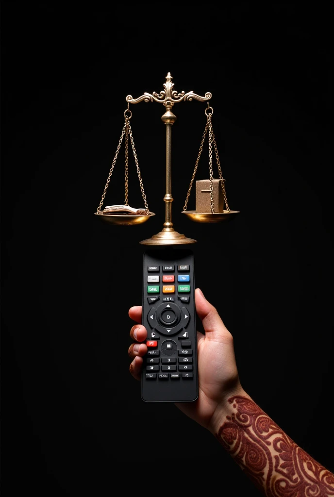 a hand holding a remote control, but with the buttons replaced by cultural symbols such as a musical note, a movie camera and a book. Above the hand hangs a scale of justice, suggesting that the consumption of these cultural products is subject to ethical assessment. The background can be black, keeping the focus on the main elements.