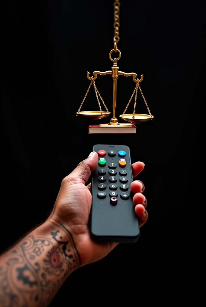 a hand holding a remote control, but with the buttons replaced by cultural symbols such as a musical note, a movie camera and a book. Above the hand hangs a scale of justice, suggesting that the consumption of these cultural products is subject to ethical assessment. The background can be black, keeping the focus on the main elements.